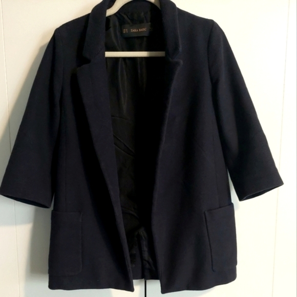 Zara open front Waffle Knit Textured Blazer Jacket Navy M Academia Preppy - Picture 1 of 5